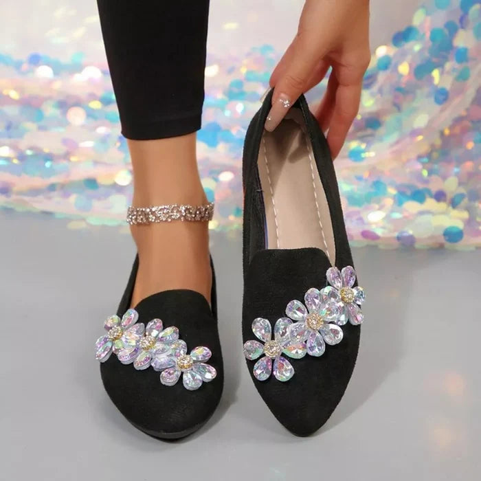 Crystal Flower Point Toe Flats