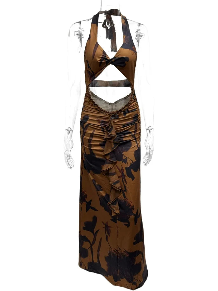 Cutout Printed Halter Neck Maxi Dress