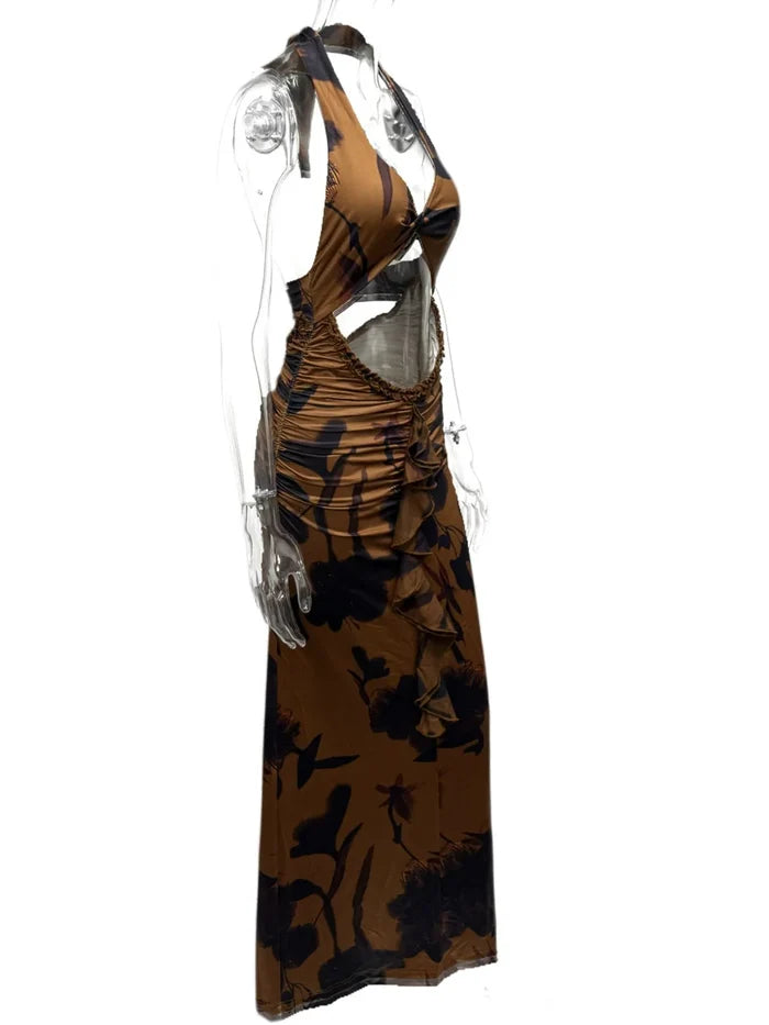 Cutout Printed Halter Neck Maxi Dress
