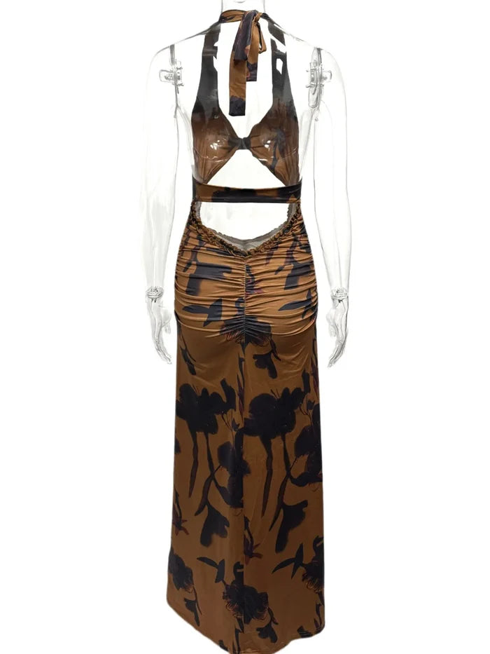 Cutout Printed Halter Neck Maxi Dress