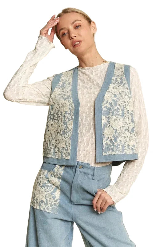 Davi & Dani Lace Patch Open Front Denim Vest