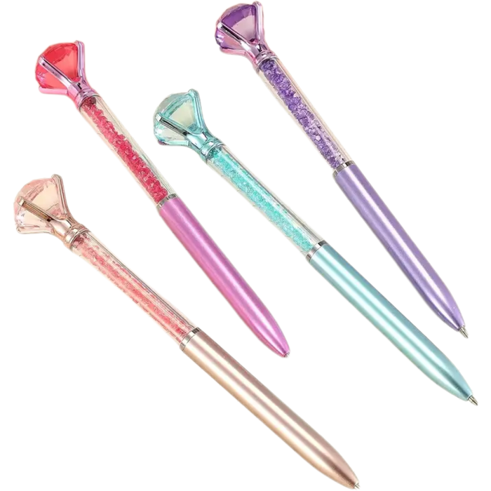 four colorful pens with gemstone-like tips on a white background