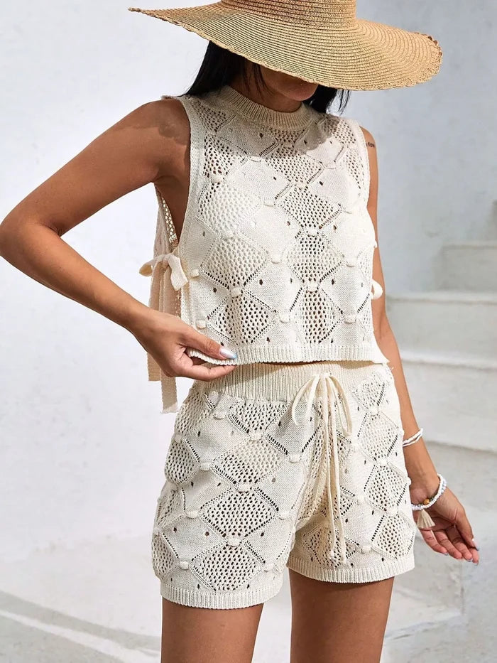 Diamond Pattern Sleeveless Top and Shorts Knit Set