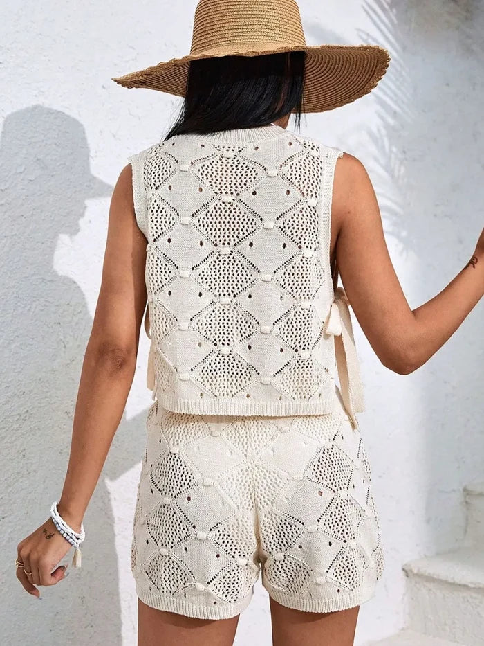 Diamond Pattern Sleeveless Top and Shorts Knit Set