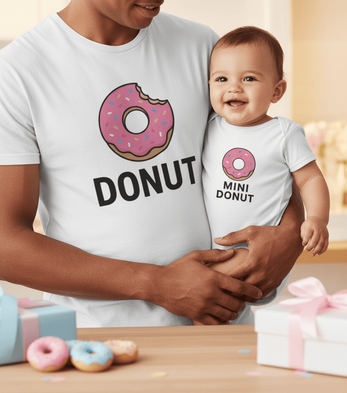 navy t-shirt and baby grow with donut graphic matching parent child outfit