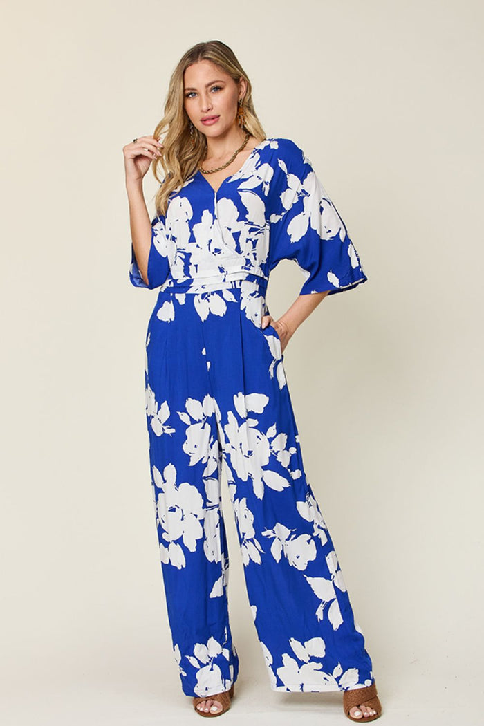 Double Take Printed Tie-Back Wide-Leg Jumpsuit