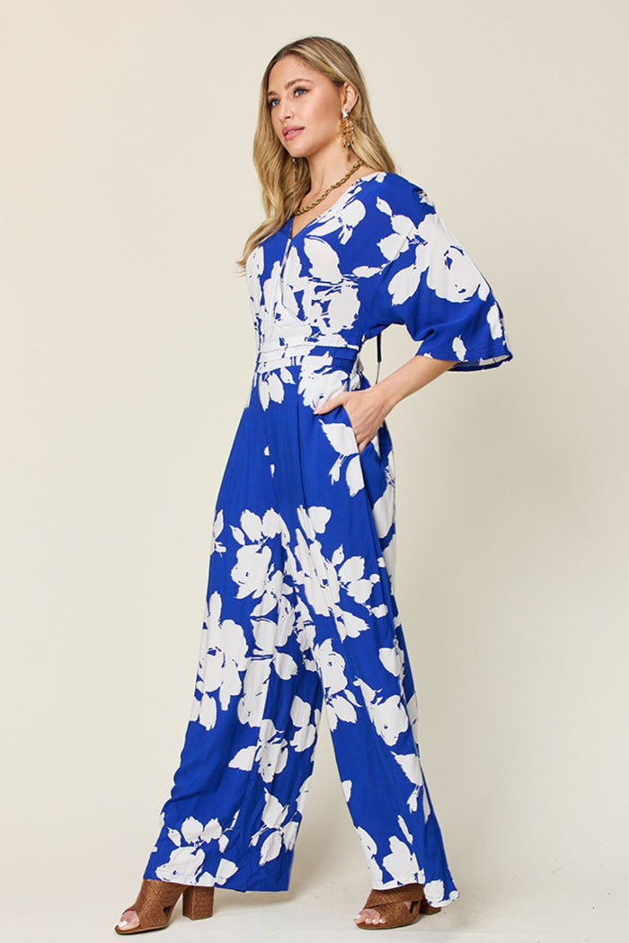 Double Take Printed Tie-Back Wide-Leg Jumpsuit