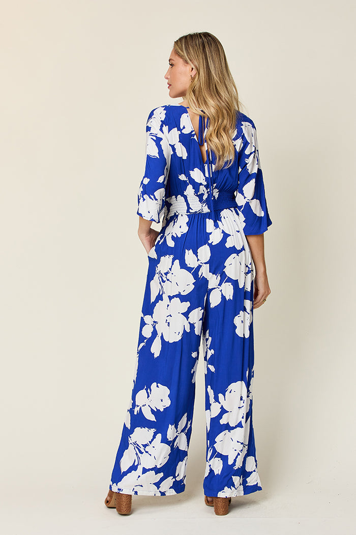 Double Take Printed Tie-Back Wide-Leg Jumpsuit