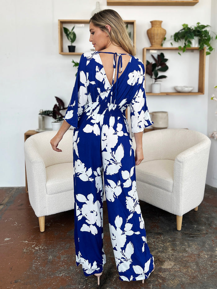 Double Take Printed Tie-Back Wide-Leg Jumpsuit