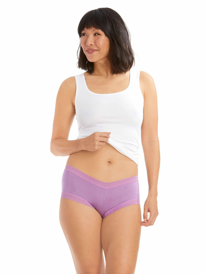 DreamEase™ Boyshort Berry Pie Purple - On Model Full Front, Soft Modal Boyshort Panty, Lace Trim Waist | Hanky Panky