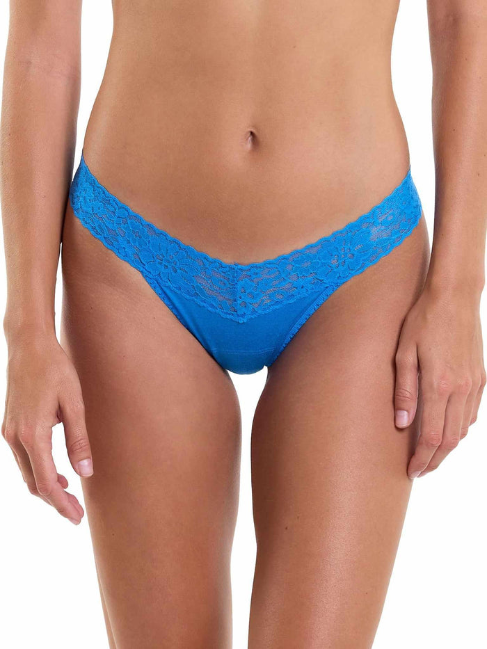 DreamEase™ Low Rise Thong Laguna Blue - Front On-Model, Lace Trim | Hanky Panky
