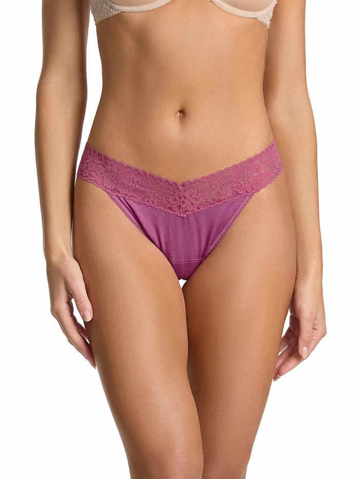 DreamEase™ Original Rise Thong California Raisin Purple - Front View On Model, Lace Trim | Hanky Panky