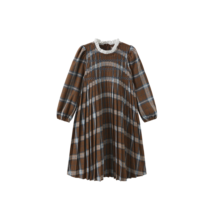 dress plaid pleated with knit collar - brown