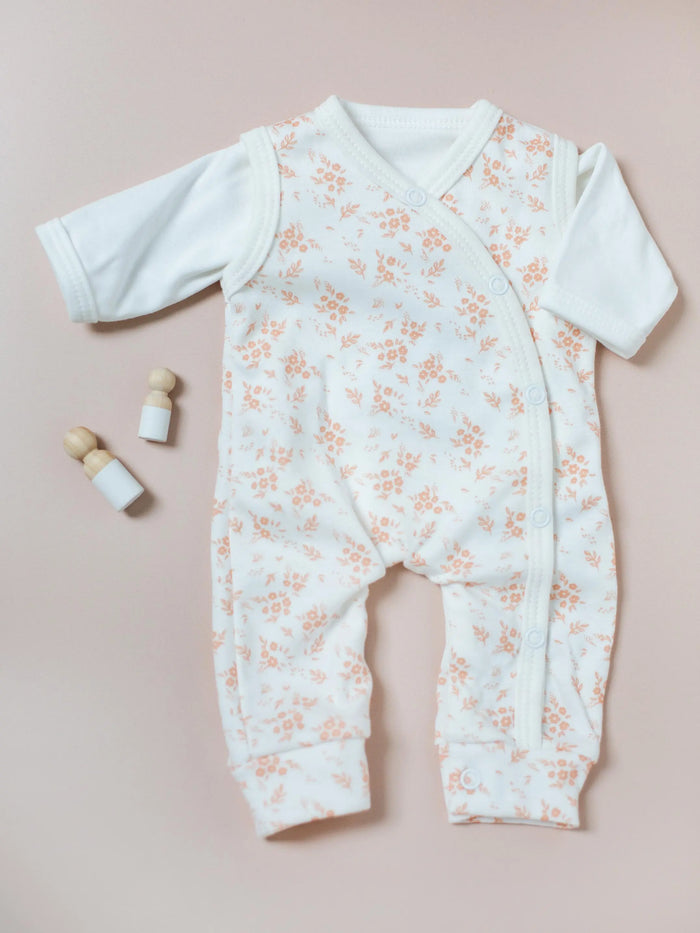 Dungaree & Top Set, Apricot Floral, Premium 100% Organic Cotton Dungaree Tiny & Small