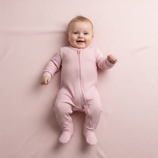 Dusky Pink Ribbed Sleepsuit - 100% Cotton Sleepsuit / Babygrow Soft Touch