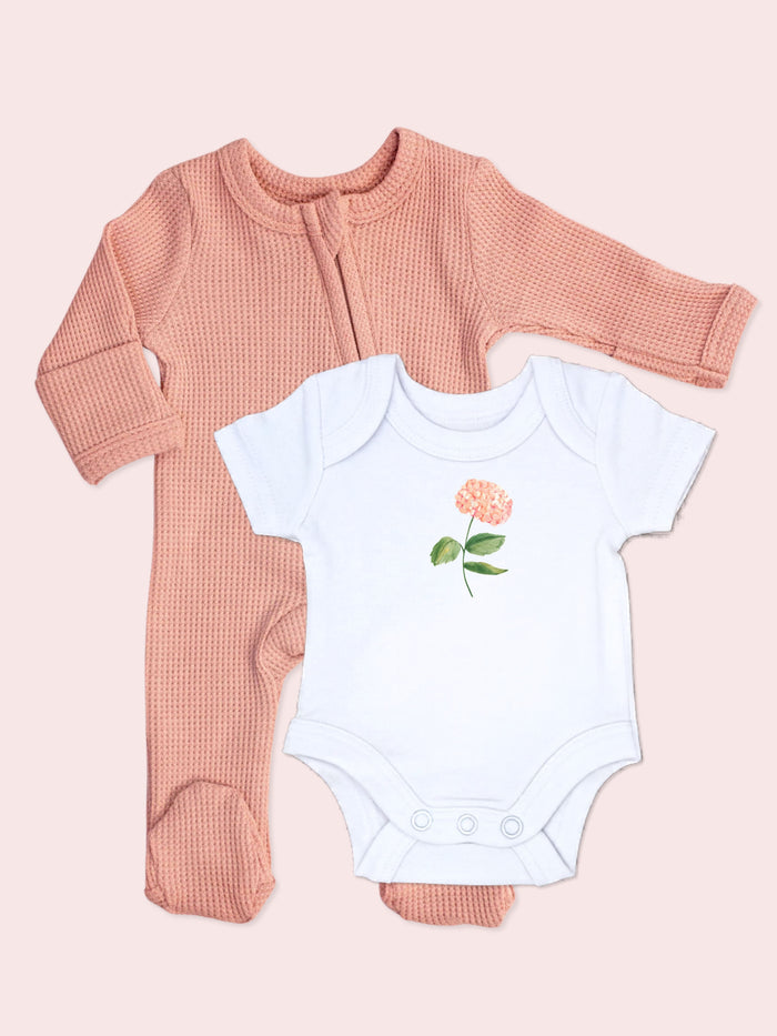 Dusky Pink Zipped Sleepsuit & Hydrangea Motif Bodysuit Set. Set Little Dreamer