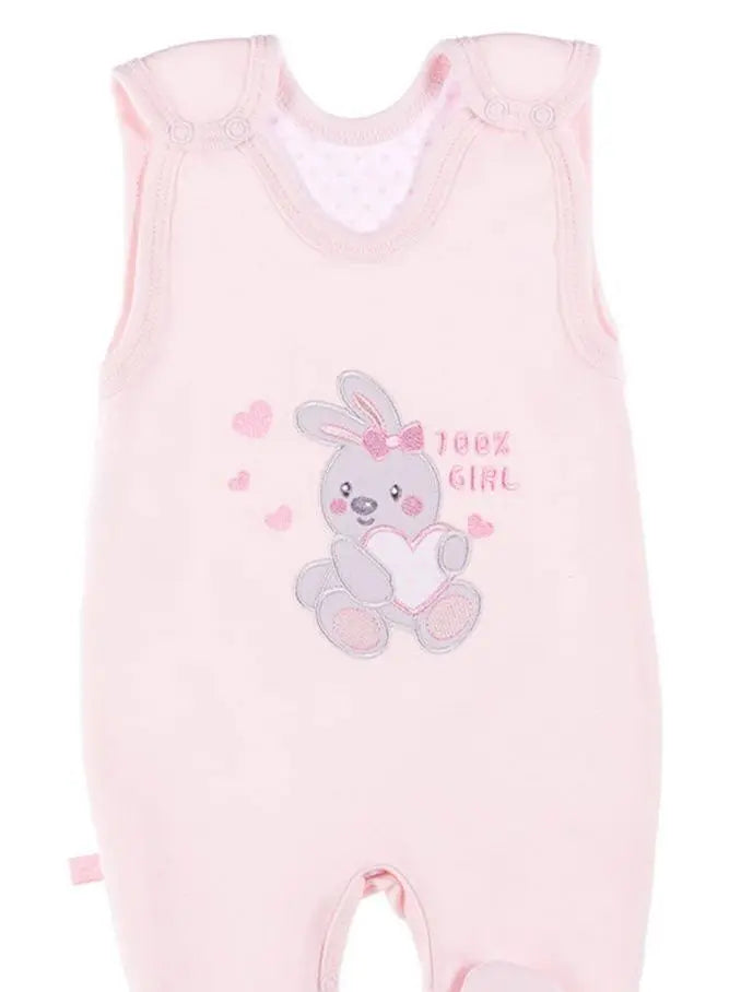Early Baby Footed Dungarees, Embroidered Bunny Design - Pink EEVI
