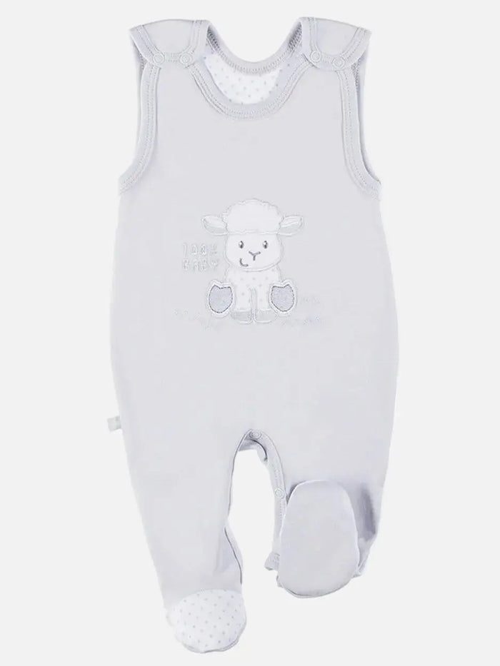 Early Baby Footed Dungarees, Embroidered Lamb Design - Grey Dungaree EEVI