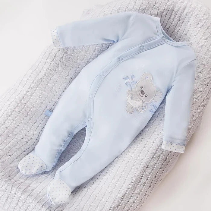 Early Baby Footed Sleepsuit, Embroidered Bear Design - Blue Sleepsuit / Babygrow EEVI