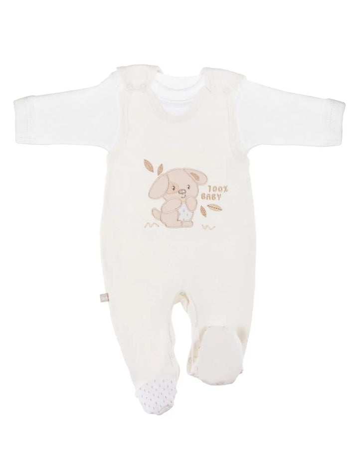Early Baby Top & Puppy Footed Dungarees Set - Cream Dungaree EEVI