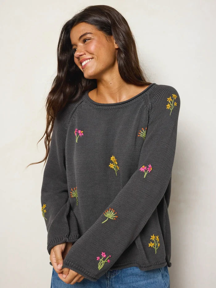 Easy Embroidered Raglan Cotton Sweater - Charcoal Flowers-view 1