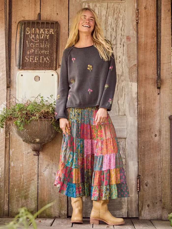 Easy Embroidered Raglan Cotton Sweater - Charcoal Flowers-view 2