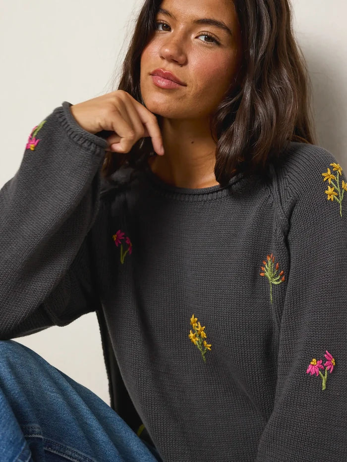 Easy Embroidered Raglan Cotton Sweater - Charcoal Flowers-view 3