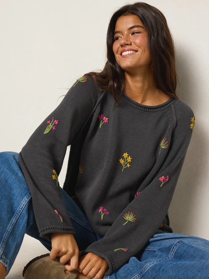 Easy Embroidered Raglan Cotton Sweater - Charcoal Flowers-view 4