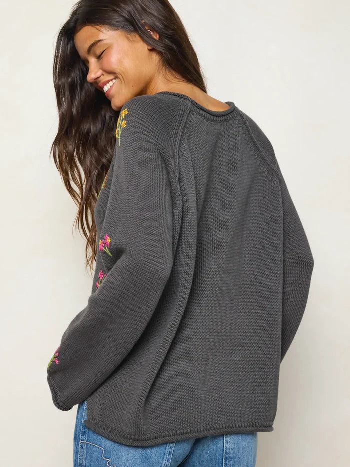 Easy Embroidered Raglan Cotton Sweater - Charcoal Flowers-view 5