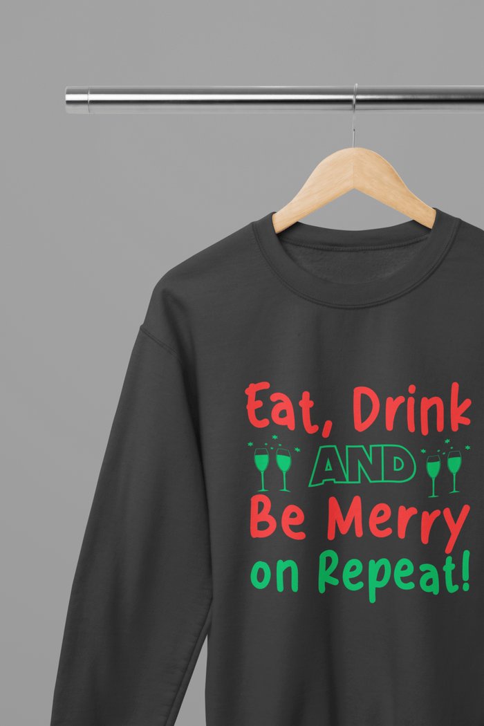 grey sweatshirt with eat drink be merry repeat festive print