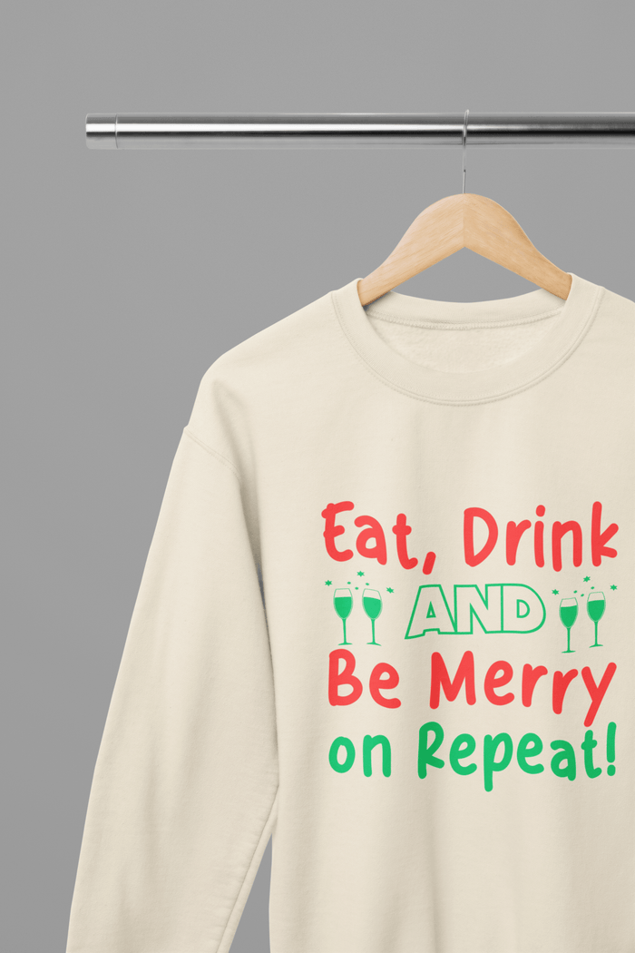 sand sweatshirt with eat drink be merry repeat holiday design