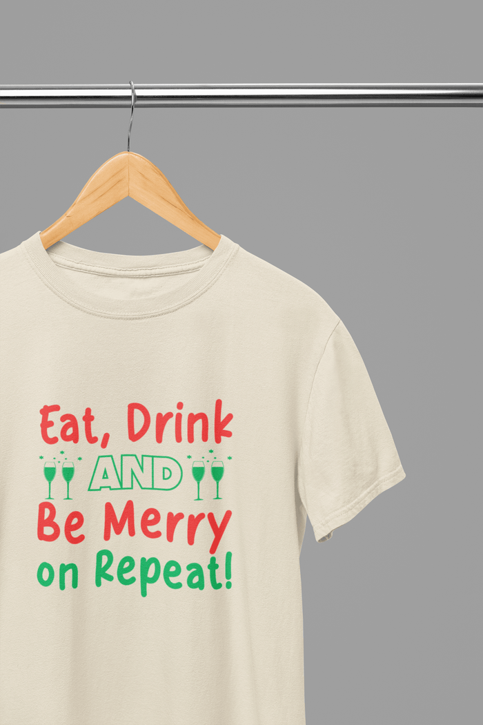 sand t-shirt with eat drink be merry repeat funny christmas graphic