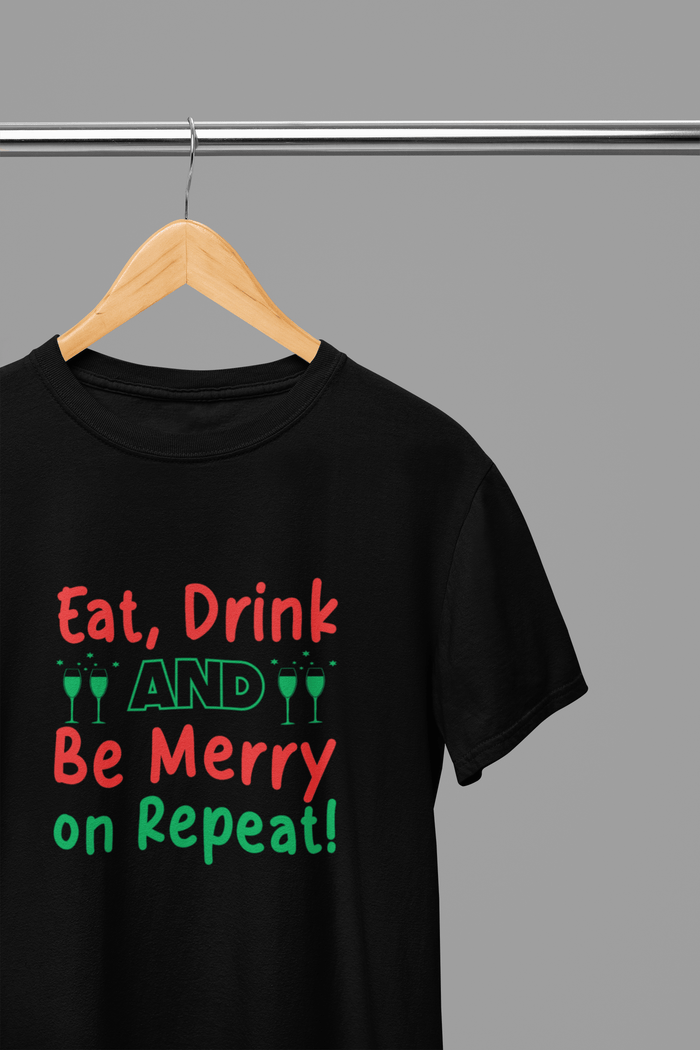 black t-shirt with eat drink be merry repeat festive print