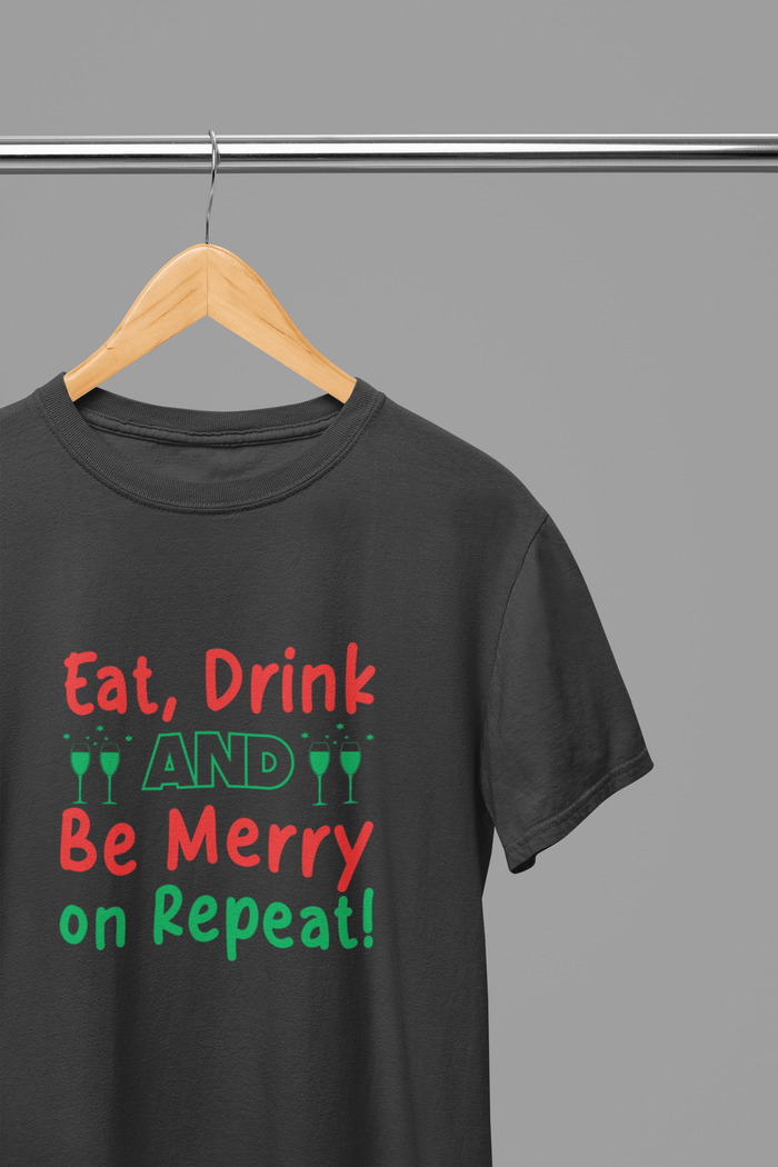 grey t-shirt with eat drink be merry repeat bold holiday graphic