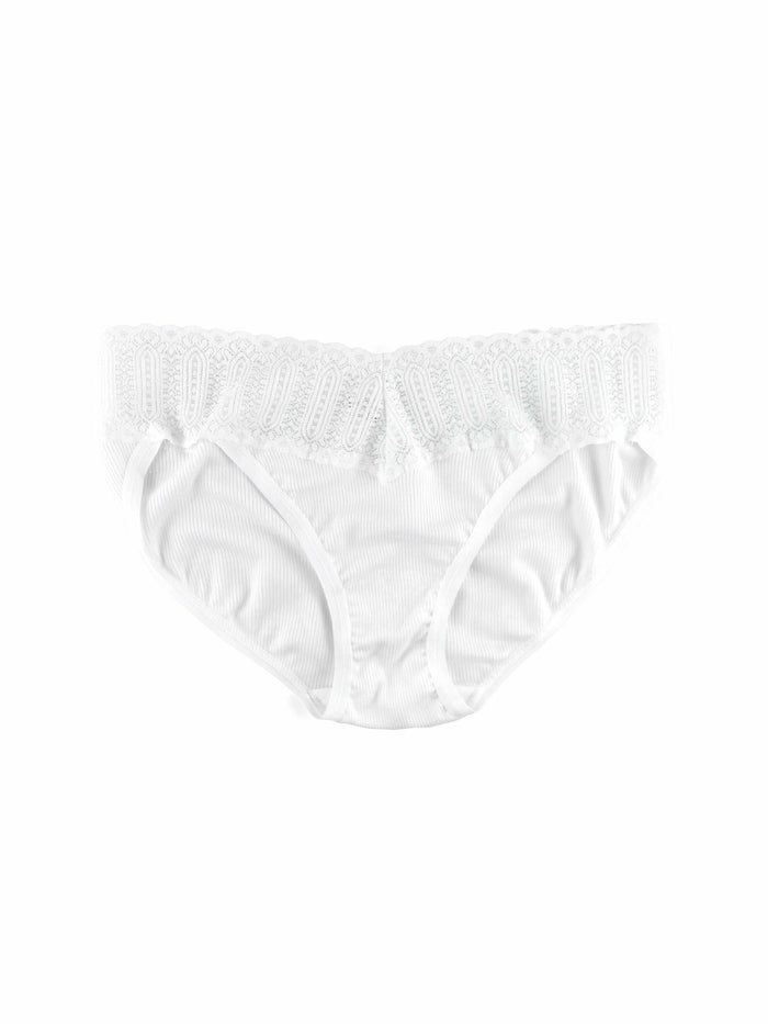 ECO Rx™ V-Kini White Ribbed V-Kini Panty with Lace Trim - Flat Lay Front Detail | Hanky Panky