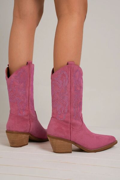 Elegant Rhinestone Point Toe Boots with Vibrant Pink Flair