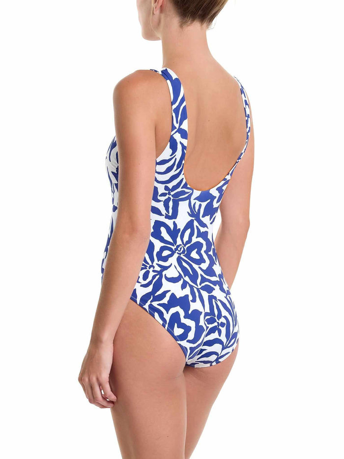 Essential One Piece Swimsuit Poolside Blue Floral Print - Back View Open Scoop Detail | Hanky Panky