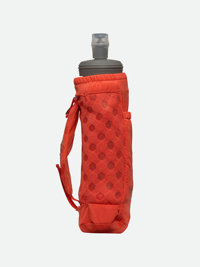 color:Tiger Lily/White||seo:Nathan ExoShot 2.0 14oz Handheld - Tiger Lily/White - Side View Featuring Strap