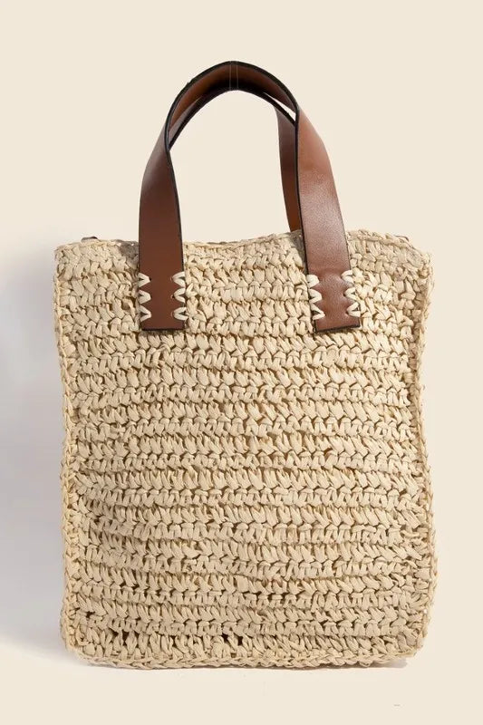 Fame Faux Leather Handle Straw Braided Handbag