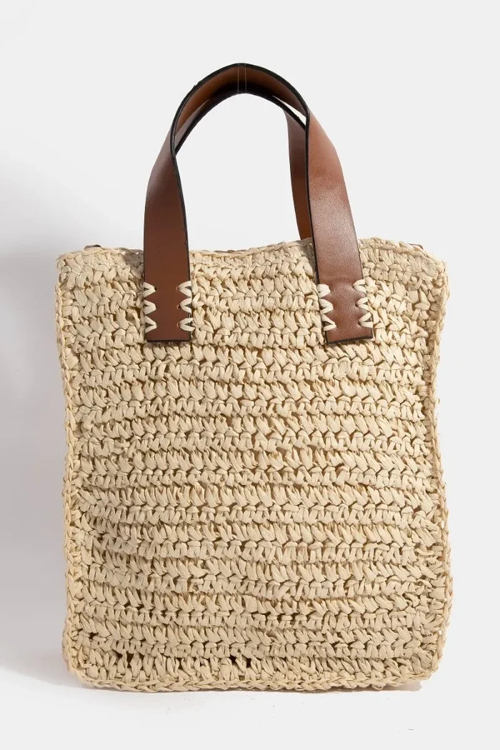Fame Faux Leather Handle Straw Braided Handbag