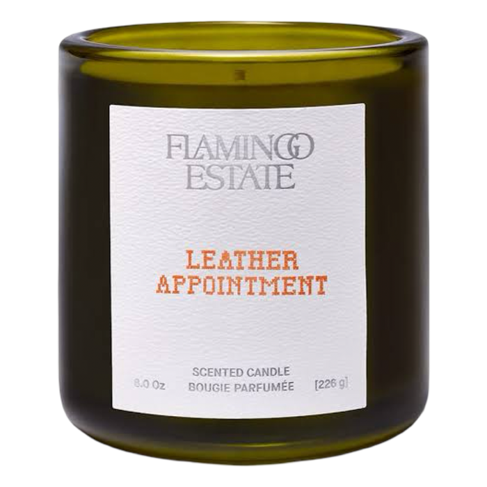 Flamingo Estate Leather Appointment 8 oz luxury scented candle in olive green glass vessel