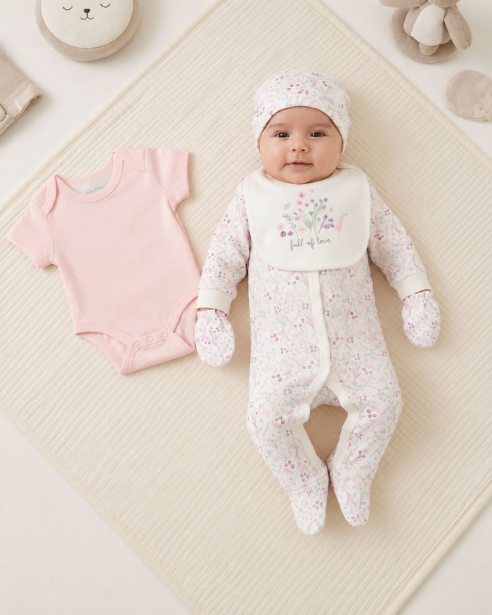 Floral 'Full of Love' 5 Piece Layette Gift Set - 3 sizes. Set Rock a Bye Baby