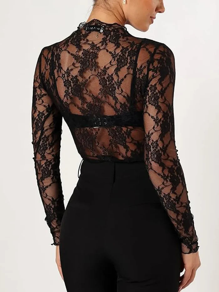 Floral Mock Neck Long Sleeve Mesh Top