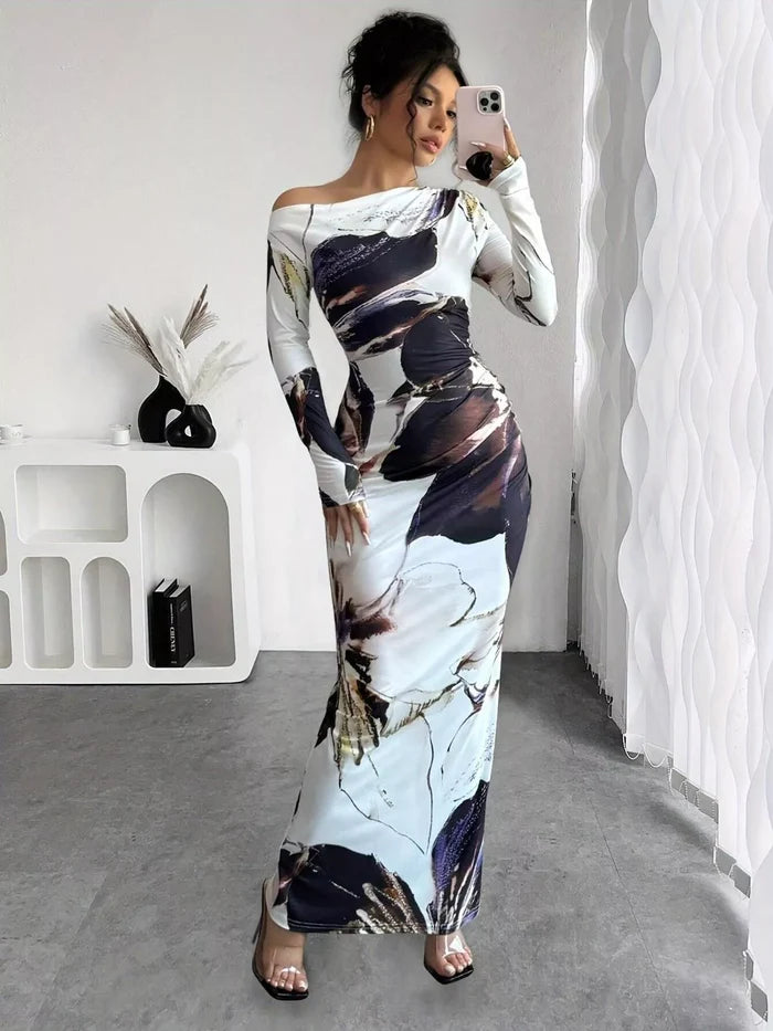 Floral One Shoulder Long Sleeve Maxi Dress