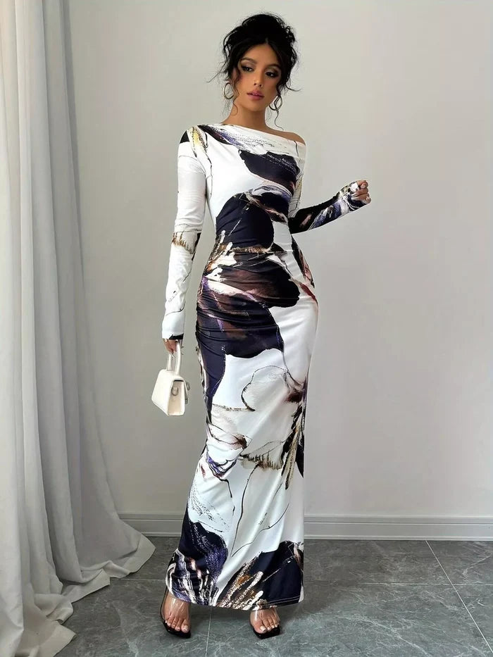 Floral One Shoulder Long Sleeve Maxi Dress