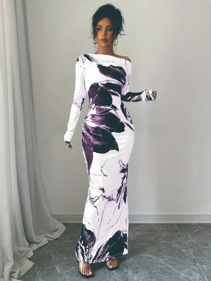 Floral One Shoulder Long Sleeve Maxi Dress