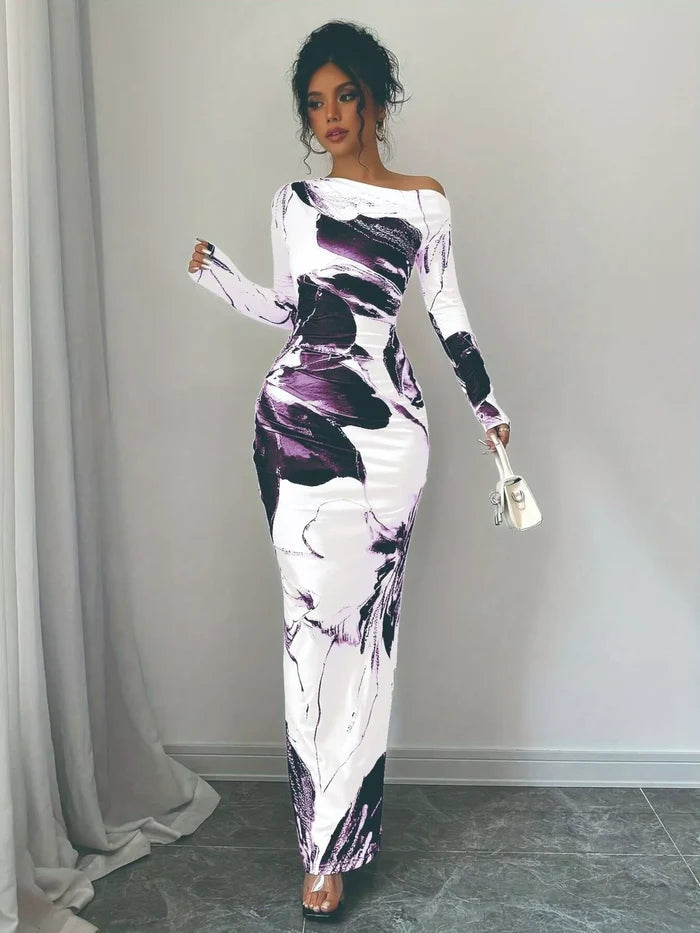 Floral One Shoulder Long Sleeve Maxi Dress