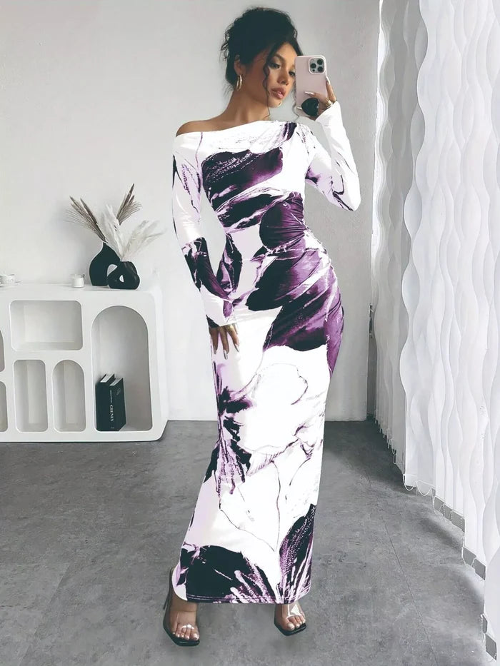 Floral One Shoulder Long Sleeve Maxi Dress