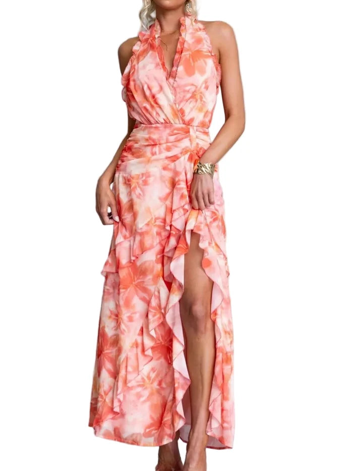 Floral Print Ruffle Halter Neck Maxi Dress