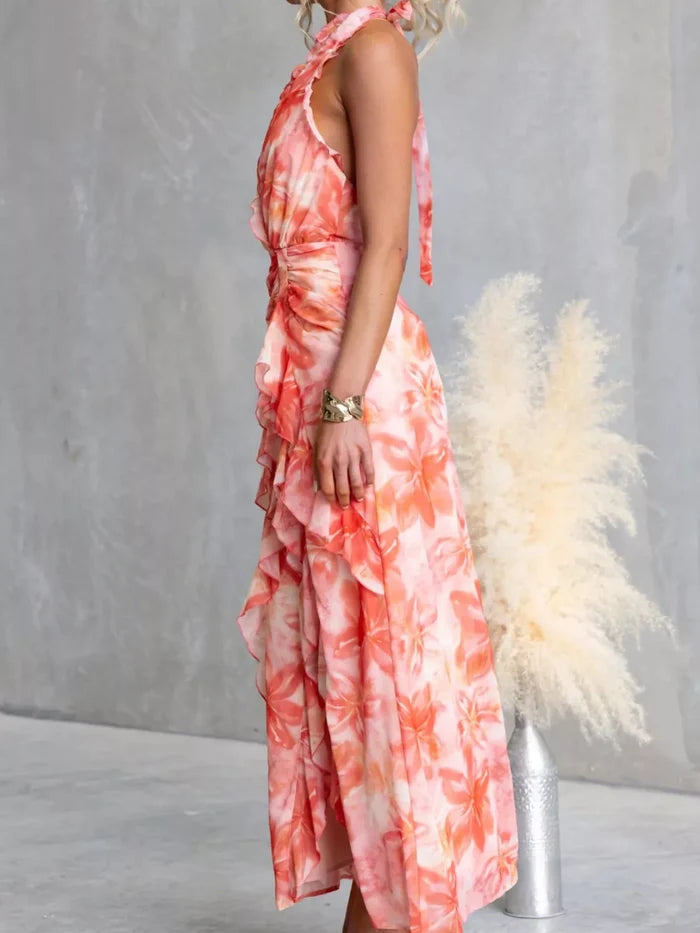 Floral Print Ruffle Halter Neck Maxi Dress